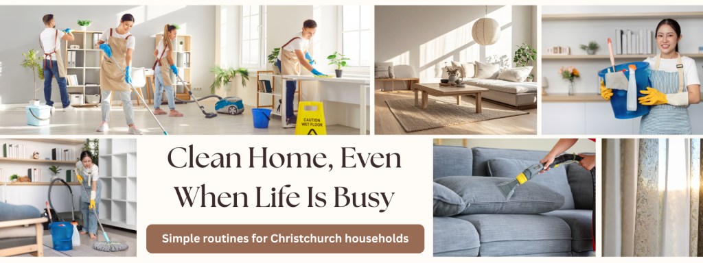 Busy homeowner managing house cleaning Christchurch routine in a modern clean living space