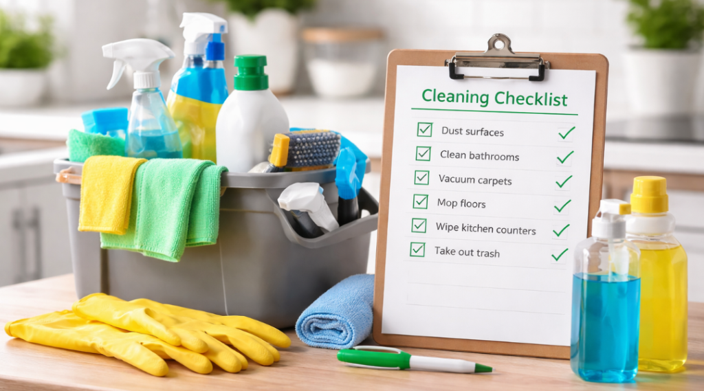 Organized cleaning tools and checklist showing professional home cleaning process