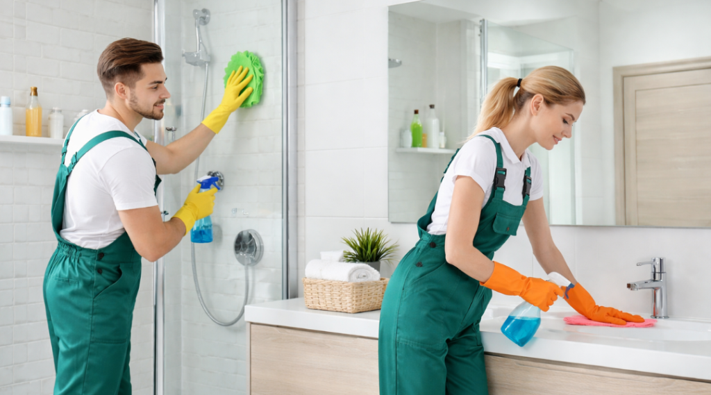 Professional cleaners performing bathroom cleaning as part of a cleaning service Christchurch in a modern home