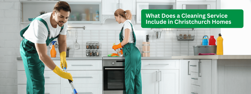Professional cleaners performing kitchen cleaning as part of a cleaning service Christchurch in a modern home setting