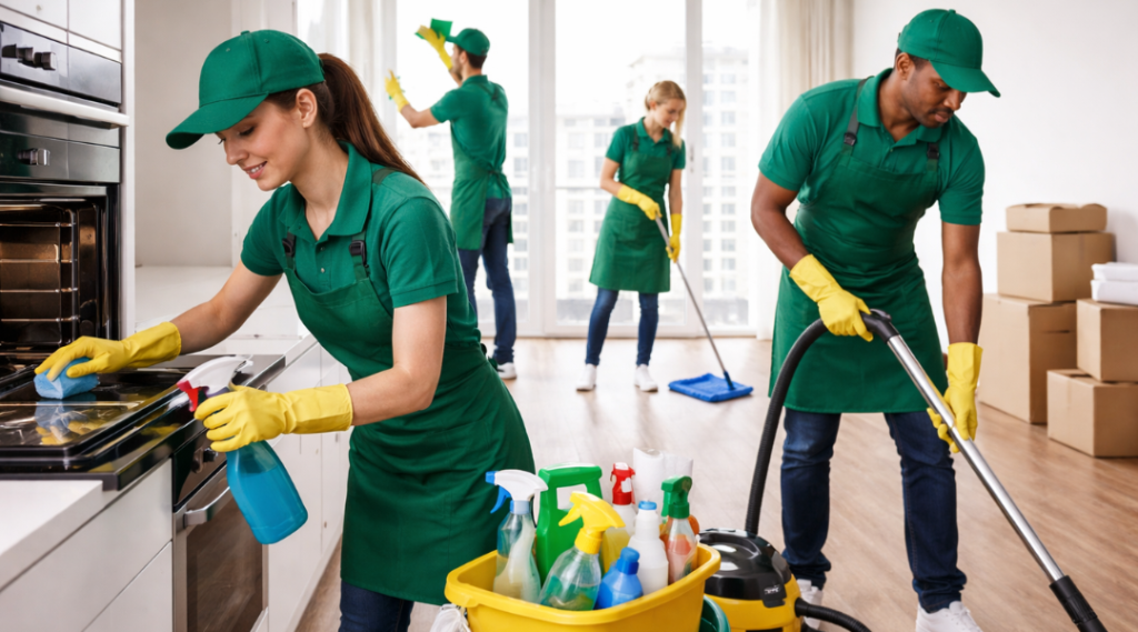 Professional cleaners performing move-out cleaning in an empty apartment, scrubbing kitchen appliances, vacuuming floors, and mopping while packed boxes sit nearby.