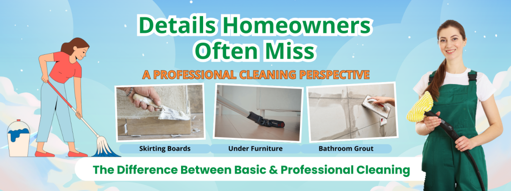 Professional cleaning banner showing hidden areas like skirting boards, under furniture, and bathroom grout.