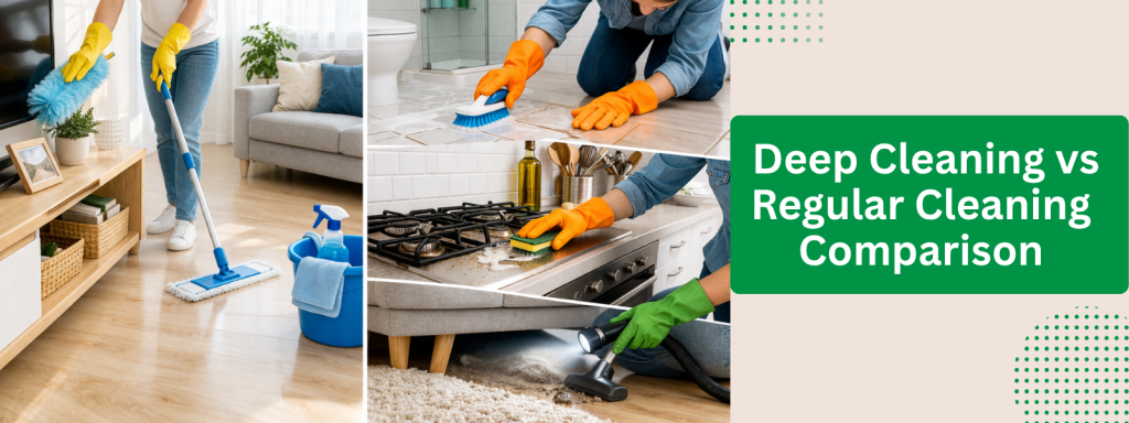 Deep cleaning vs regular cleaning comparison showing routine dusting and mopping alongside grout scrubbing, kitchen degreasing, and under furniture cleaning