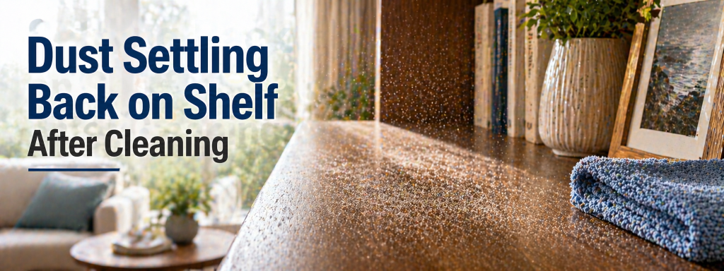 dust keeps coming back after cleaning shown as particles settling on a wooden shelf in a living room