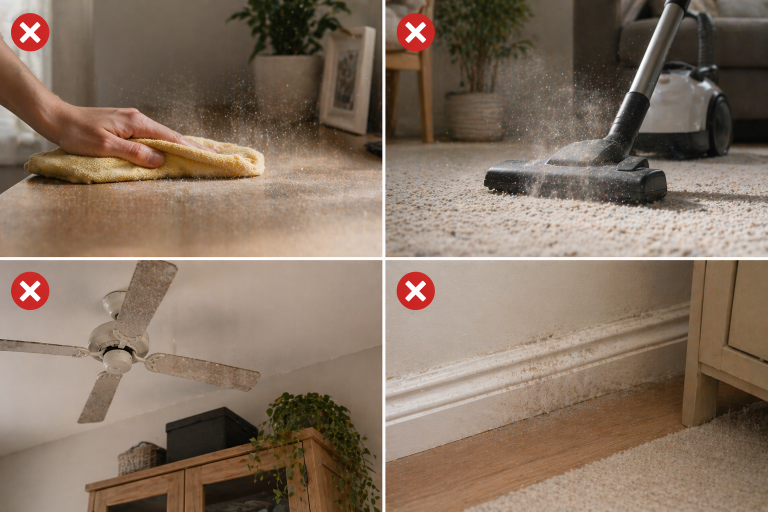 dusty house Christchurch showing common cleaning mistakes like dry dusting, vacuuming first, and ignoring high surfaces