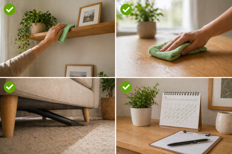dusty house Christchurch showing effective cleaning methods like damp dusting and top to bottom cleaning to reduce dust