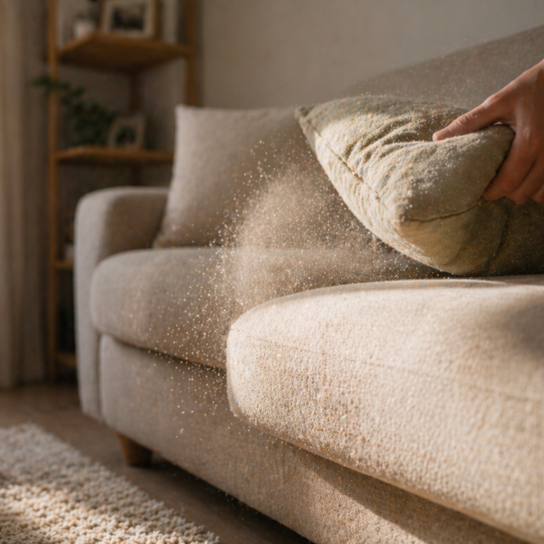 dusty house Christchurch showing dust released from sofa cushion and carpet surface