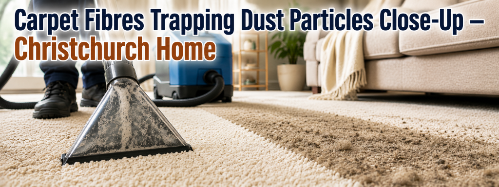 Carpet cleaning Christchurch close-up showing carpet fibres trapping dust particles inside a residential home before professional cleaning.
