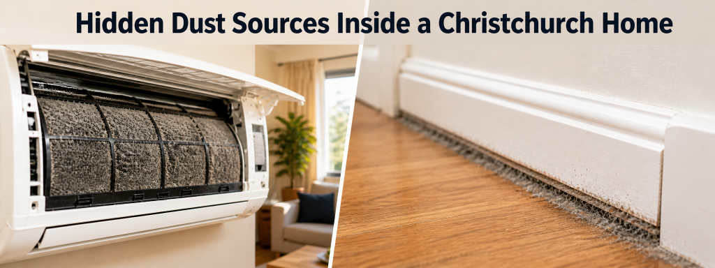 Hidden sources of dust in your home in Christchurch showing a dusty heat pump filter and dust buildup along skirting boards inside a house