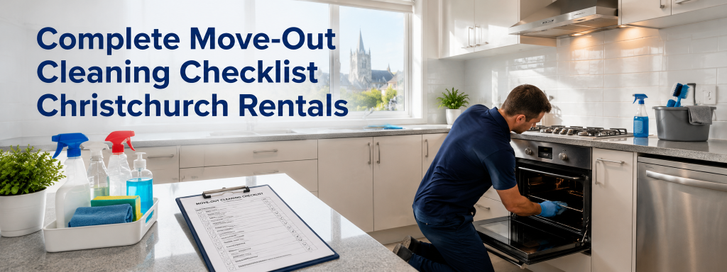 Move out cleaning checklist Christchurch showing a professional cleaner working in a rental kitchen during a move-out bond clean.