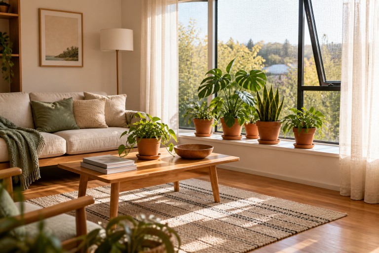 reduce dust Christchurch homes naturally with bright airy living room, indoor plants, timber flooring, and clean minimal setup