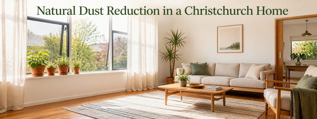 reduce dust Christchurch homes naturally with proper airflow, minimal décor, and indoor plants in a bright living space