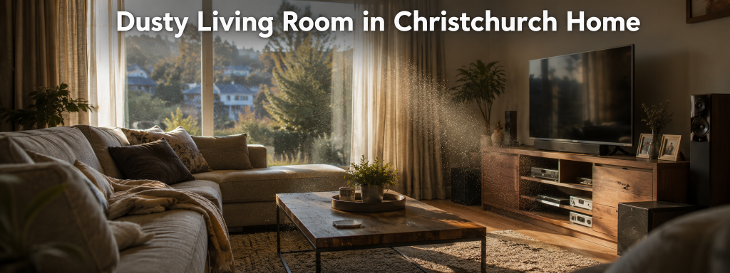 Why living rooms collect dust faster in Christchurch homes with sofas, carpets, curtains, and electronics trapping airborne dust particles.