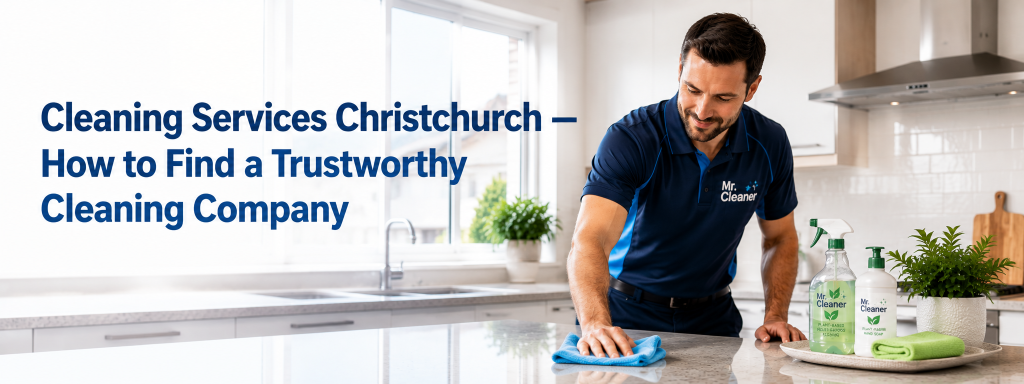 Professional cleaner providing cleaning services Christchurch homeowners trust, cleaning a modern kitchen with eco-friendly products and natural daylight.