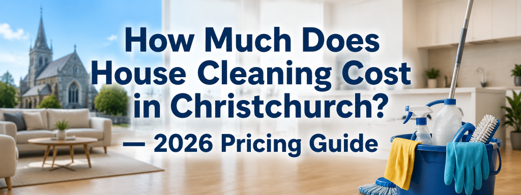 House cleaning cost Christchurch 2026 pricing guide showing a clean modern home interior with professional cleaning equipment and supplies.