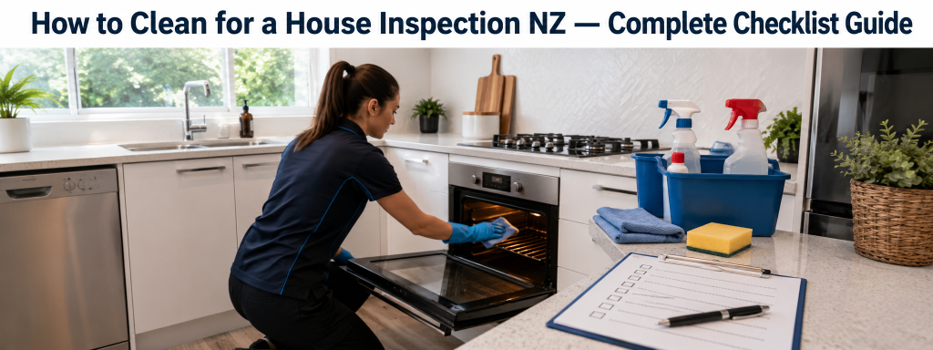 House Inspection Cleaning NZ guide showing a professional cleaner preparing a Christchurch rental property kitchen for a house inspection with a cleaning checklist.