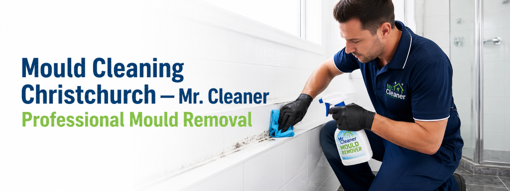 Mould cleaning Christchurch service by Mr. Cleaner showing a professional team member removing mould from bathroom tiles and silicone seals using specialised cleaning products in a bright, hygienic Christchurch home.